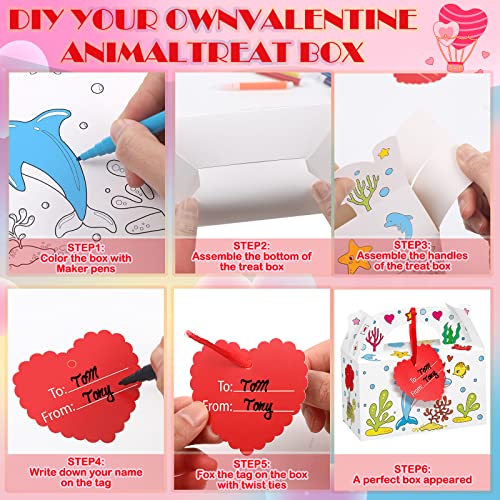 48 Sets Valentine's Day Treat Boxes DIY Color Your Own Paintable Sea Animal Prints Goodie Boxes Valentines Cupcake Boxes with 12 Marker Pens,48 Heart Tags and 48 Satin Ribbons for Kids School Supplies