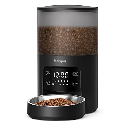 Molypet Automatic Cat Feeders with Timer - 4L Cat Food Dispenser of 6 Meals with 10S Voice Recorder and Desiccant Bag, Support Dual Power for Cats and Dogs