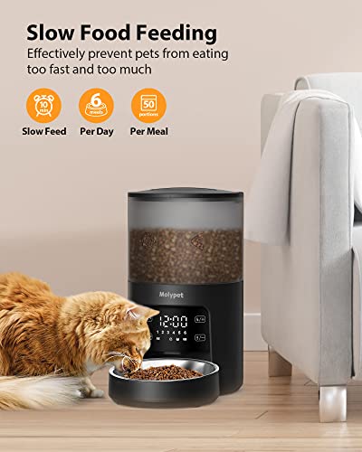 Molypet Automatic Cat Feeders with Timer - 4L Cat Food Dispenser of 6 Meals with 10S Voice Recorder and Desiccant Bag, Support Dual Power for Cats and Dogs