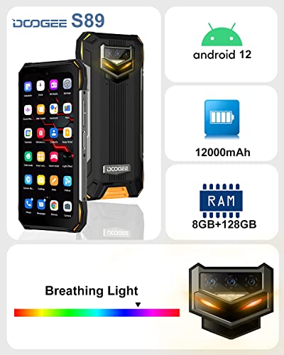 DOOGEE S89 Rugged Smartphone(2022), 12000mAh Massive Battery Android 12 Rugged Phone Unlocked, 33W Fast Charging, 8GB+128GB IP68 Waterproof Cellphone, Night Vision, Breathing Light, NFC, Dual 4G