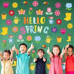 68 Pcs Hello Spring Cut Outs with 100 Pcs Glue Points Spring Floral Cut Outs Spring Bulletin Board Set Flower Plants Spring Cutouts Bulletin Board Decorations for Classroom School Game (Fresh Style)