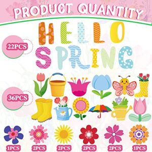 68 Pcs Hello Spring Cut Outs with 100 Pcs Glue Points Spring Floral Cut Outs Spring Bulletin Board Set Flower Plants Spring Cutouts Bulletin Board Decorations for Classroom School Game (Fresh Style)