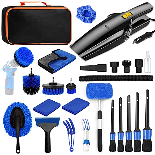 ESERRUY 20 PCS Car Interior Detailing Kit, Car Cleaning Kit with High Power Portable Handheld Vacuum, Auto Detailing Drill Brush Set, Car Windshield Cleaner, Car Wash Kit Supplies for Exterior Wheels