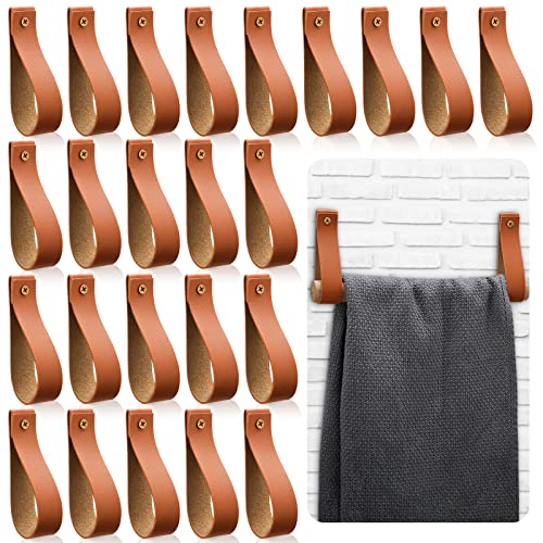 PU Leather Wall Hooks Wall Hanging Straps Pu Leather Curtain Rod Holder Towel Holders for Wall Faux Leather Strap Hanger Wall Mounted Pu Leather Hooks for Towel Bathroom (Yellow, 24 Pieces)