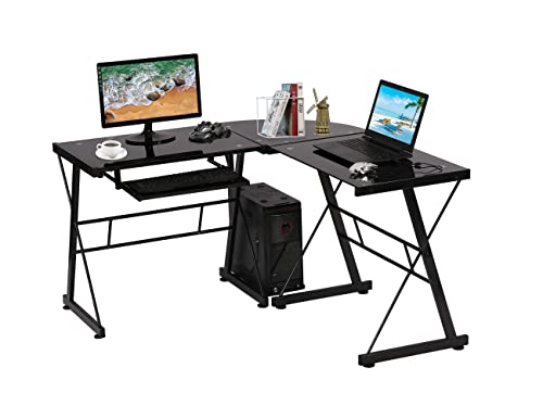 Haiput Wam Gaming Desk L Shaped Computer Desk Office Desk Modern Toughened Glass Corner Desk with Keyboard Tray for Home Office Writing Study 51", PC Desk Gaming Computer Desk