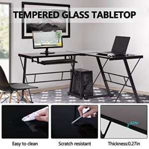 Haiput Wam Gaming Desk L Shaped Computer Desk Office Desk Modern Toughened Glass Corner Desk with Keyboard Tray for Home Office Writing Study 51", PC Desk Gaming Computer Desk