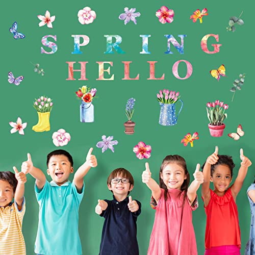 68 Pcs Hello Spring Cut Outs with 100 Pcs Glue Points Spring Floral Cut Outs Spring Bulletin Board Set Flower Plants Spring Cutouts Bulletin Board Decorations for Classroom School Game (Cute Style)