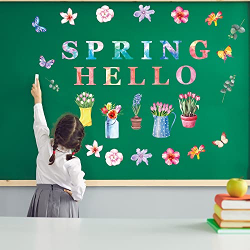 68 Pcs Hello Spring Cut Outs with 100 Pcs Glue Points Spring Floral Cut Outs Spring Bulletin Board Set Flower Plants Spring Cutouts Bulletin Board Decorations for Classroom School Game (Cute Style)