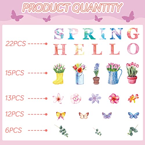 68 Pcs Hello Spring Cut Outs with 100 Pcs Glue Points Spring Floral Cut Outs Spring Bulletin Board Set Flower Plants Spring Cutouts Bulletin Board Decorations for Classroom School Game (Cute Style)