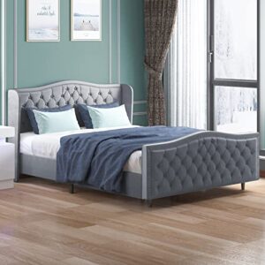 balus king wingback bed frame with headboard,upholstered platform bed frame dutch velvet upholstered bed，modern design，available in 3 sizes and 3 colors panel bed frame (silver gray)