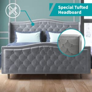 BALUS King Wingback Bed Frame with Headboard,Upholstered Platform Bed Frame Dutch Velvet Upholstered Bed，Modern Design，Available in 3 Sizes and 3 Colors Panel Bed Frame (Silver Gray)