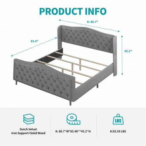 BALUS King Wingback Bed Frame with Headboard,Upholstered Platform Bed Frame Dutch Velvet Upholstered Bed，Modern Design，Available in 3 Sizes and 3 Colors Panel Bed Frame (Silver Gray)