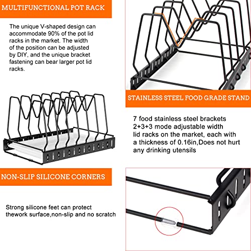 WEITELAI Pot Lid Organizer For Cabinet, 7 Dividers Adjustable Pots and Pans Organizer for Cabinet, With Draining Tray Kitchen Cookware, Bakeware, Cookie Cutting Board Organizer Black