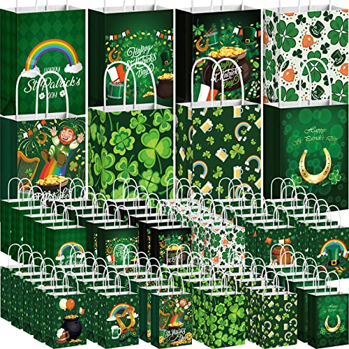 Yexiya 120 Pieces St. Patrick's Day Paper Gift Bags with Handles Lucky Shamrock Treat Bags Bulk 8.7 x 6.3 x 3.15 Inches Goodie Bags for Kids Classroom Party Favors Supplies (Shamrock)