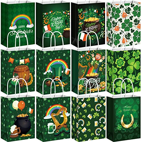 Yexiya 120 Pieces St. Patrick's Day Paper Gift Bags with Handles Lucky Shamrock Treat Bags Bulk 8.7 x 6.3 x 3.15 Inches Goodie Bags for Kids Classroom Party Favors Supplies (Shamrock)