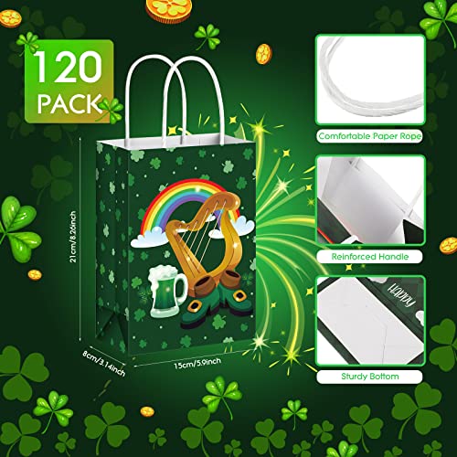 Yexiya 120 Pieces St. Patrick's Day Paper Gift Bags with Handles Lucky Shamrock Treat Bags Bulk 8.7 x 6.3 x 3.15 Inches Goodie Bags for Kids Classroom Party Favors Supplies (Shamrock)