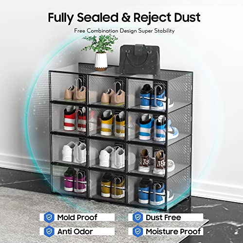 eWonLife Large Storage Box with Magnetic Door, 12 Pack Clear Plastic Stackable Sneaker Organizer for Closet, Connect Left and Right Shoe Containers Bins for Entryway, Drop Front, Under Bed, Black