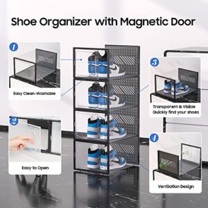 eWonLife Large Storage Box with Magnetic Door, 12 Pack Clear Plastic Stackable Sneaker Organizer for Closet, Connect Left and Right Shoe Containers Bins for Entryway, Drop Front, Under Bed, Black