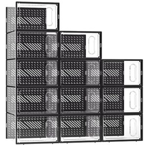ewonlife large storage box with magnetic door, 12 pack clear plastic stackable sneaker organizer for closet, connect left and right shoe containers bins for entryway, drop front, under bed, black