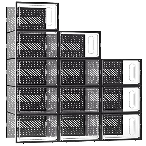 eWonLife Large Storage Box with Magnetic Door, 12 Pack Clear Plastic Stackable Sneaker Organizer for Closet, Connect Left and Right Shoe Containers Bins for Entryway, Drop Front, Under Bed, Black