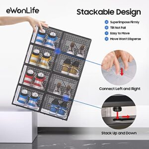 eWonLife Large Storage Box with Magnetic Door, 12 Pack Clear Plastic Stackable Sneaker Organizer for Closet, Connect Left and Right Shoe Containers Bins for Entryway, Drop Front, Under Bed, Black