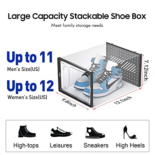 eWonLife Large Storage Box with Magnetic Door, 12 Pack Clear Plastic Stackable Sneaker Organizer for Closet, Connect Left and Right Shoe Containers Bins for Entryway, Drop Front, Under Bed, Black