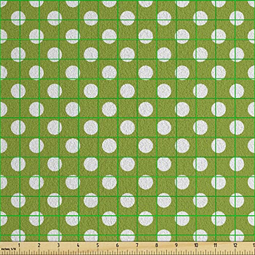 Ambesonne Geometric Faux Suede Fabric by The Yard, Retro Style Simple Image of Polka Dots Circle Shapes in Repetitive Pattern, for Indoor Outdoor DIY Projects Upholstery, 5 Yards, Lime Green White