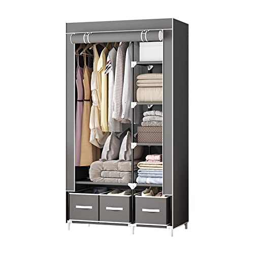 Portable Closet Organizers and Storage Clothes Rack Wardrobe Closet for Hanging Clothes Closet Storage Organizer with Three Drawer Boxes Non-Woven Fabric Cover Easy Assembly 37”L × 17.7”W × 65”H