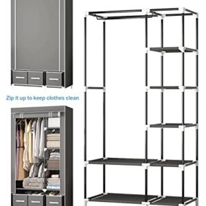 Portable Closet Organizers and Storage Clothes Rack Wardrobe Closet for Hanging Clothes Closet Storage Organizer with Three Drawer Boxes Non-Woven Fabric Cover Easy Assembly 37”L × 17.7”W × 65”H