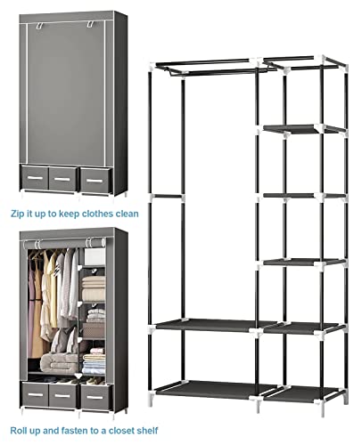 Portable Closet Organizers and Storage Clothes Rack Wardrobe Closet for Hanging Clothes Closet Storage Organizer with Three Drawer Boxes Non-Woven Fabric Cover Easy Assembly 37”L × 17.7”W × 65”H