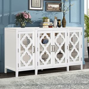 klmm stylish mirrored console table sideboard for living room dining room with 4 cabinets and 3 adjustable shelves, easy assembly (white#o^)