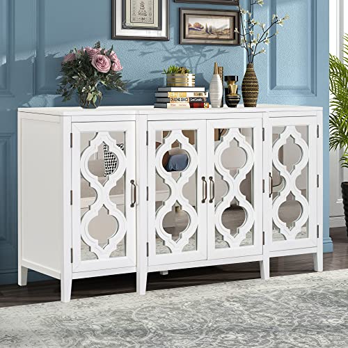 KLMM Stylish Mirrored Console Table Sideboard for Living Room Dining Room with 4 Cabinets and 3 Adjustable Shelves, Easy Assembly (White#O^)