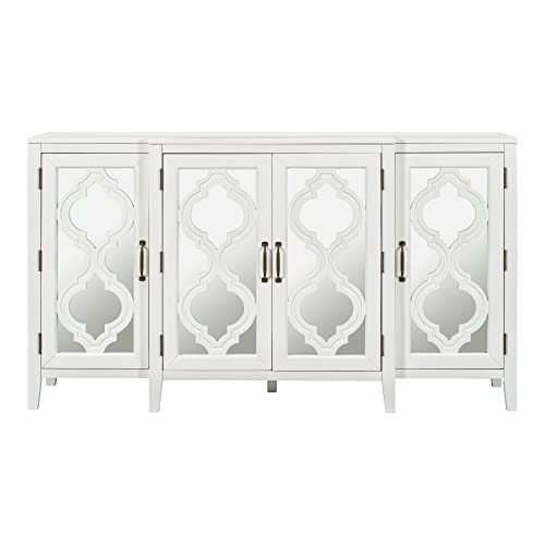 KLMM Stylish Mirrored Console Table Sideboard for Living Room Dining Room with 4 Cabinets and 3 Adjustable Shelves, Easy Assembly (White#O^)