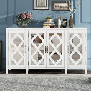 KLMM Stylish Mirrored Console Table Sideboard for Living Room Dining Room with 4 Cabinets and 3 Adjustable Shelves, Easy Assembly (White#O^)