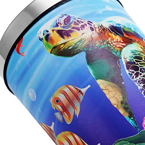 Sea Turtle Trash Can, 12 Liter/2.6 Gallon PU Leather Trash Cans, Garbage Can with Press Ring, Decoration Waste Paper Basket, Container Trash Bin for Ocean Room, Children's Bedroom, Home, Office