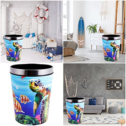 Sea Turtle Trash Can, 12 Liter/2.6 Gallon PU Leather Trash Cans, Garbage Can with Press Ring, Decoration Waste Paper Basket, Container Trash Bin for Ocean Room, Children's Bedroom, Home, Office