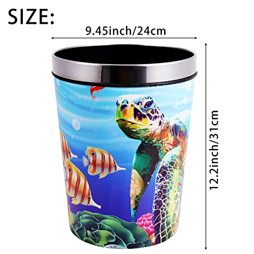 Sea Turtle Trash Can, 12 Liter/2.6 Gallon PU Leather Trash Cans, Garbage Can with Press Ring, Decoration Waste Paper Basket, Container Trash Bin for Ocean Room, Children's Bedroom, Home, Office