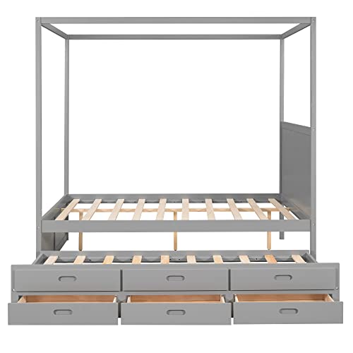 LZ LEISURE ZONE Queen Size Canopy Platform Bed, Wood Queen Size Canopy Bed with Twin Size Trundle and 3 Storage Drawers, Grey