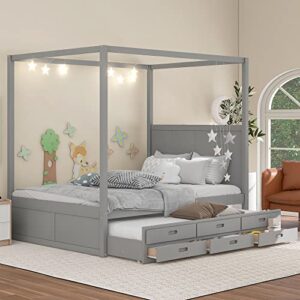 lz leisure zone queen size canopy platform bed, wood queen size canopy bed with twin size trundle and 3 storage drawers, grey