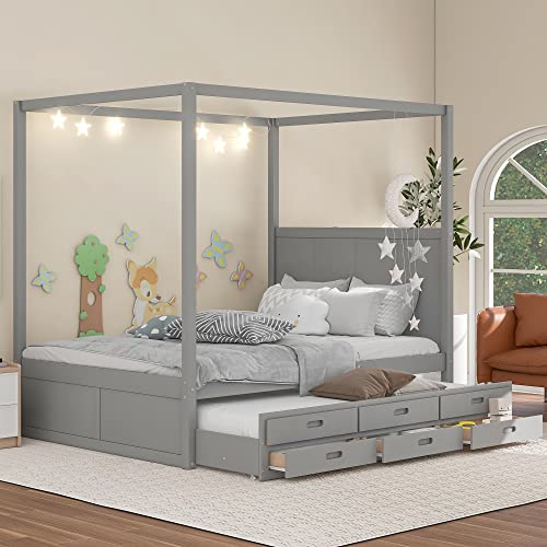 LZ LEISURE ZONE Queen Size Canopy Platform Bed, Wood Queen Size Canopy Bed with Twin Size Trundle and 3 Storage Drawers, Grey