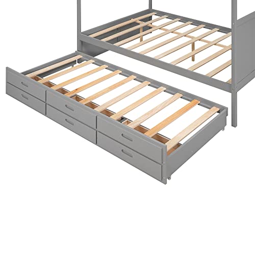 LZ LEISURE ZONE Queen Size Canopy Platform Bed, Wood Queen Size Canopy Bed with Twin Size Trundle and 3 Storage Drawers, Grey