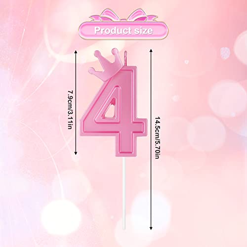 3inch Birthday Number Candle, 3D Candle Cake Topper with Crown Cake Numeral Candles Number Candles for Birthday Anniversary Parties (Pink; 4)