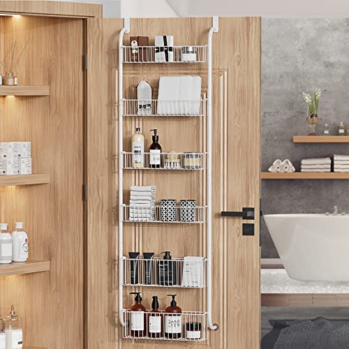 Egepon Over the Door Pantry Organizer Rack, 6-Tier Baskets Organization and Storage, Heavy-Duty Metal Shelf Hanging Door Spice Rack for Kitchen Pantry Bathroom, White