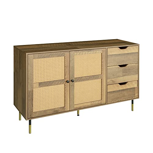 GIA Home Furniture Series Boho Rattan Sideboard with 2 Door &3 Drawers,Buffet Storage Cabinets with Adjustable Shelving and Wine Rack for Living & Dining Room,Black Metal Frame, Oak Finish