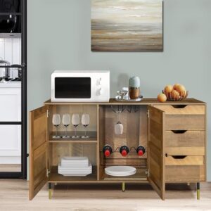 GIA Home Furniture Series Boho Rattan Sideboard with 2 Door &3 Drawers,Buffet Storage Cabinets with Adjustable Shelving and Wine Rack for Living & Dining Room,Black Metal Frame, Oak Finish