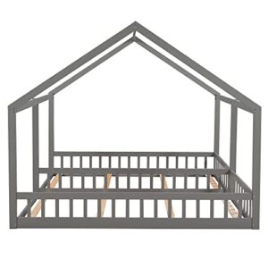 Merax Double Twin Kids House Shaped Low Platform Beds, Wood Floor Bed Frame for Boys, Girls, No Box Spring Needed Easy Assemble (Twin,Grey