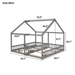 Merax Double Twin Kids House Shaped Low Platform Beds, Wood Floor Bed Frame for Boys, Girls, No Box Spring Needed Easy Assemble (Twin,Grey