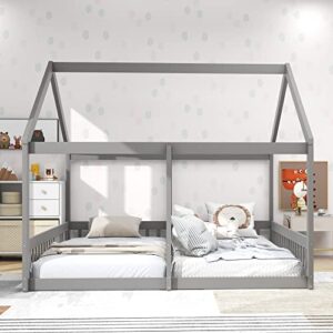 Merax Double Twin Kids House Shaped Low Platform Beds, Wood Floor Bed Frame for Boys, Girls, No Box Spring Needed Easy Assemble (Twin,Grey