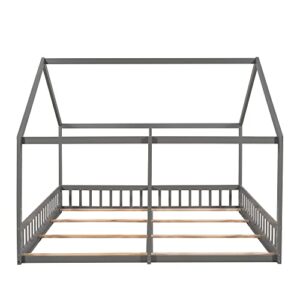 Merax Double Twin Kids House Shaped Low Platform Beds, Wood Floor Bed Frame for Boys, Girls, No Box Spring Needed Easy Assemble (Twin,Grey