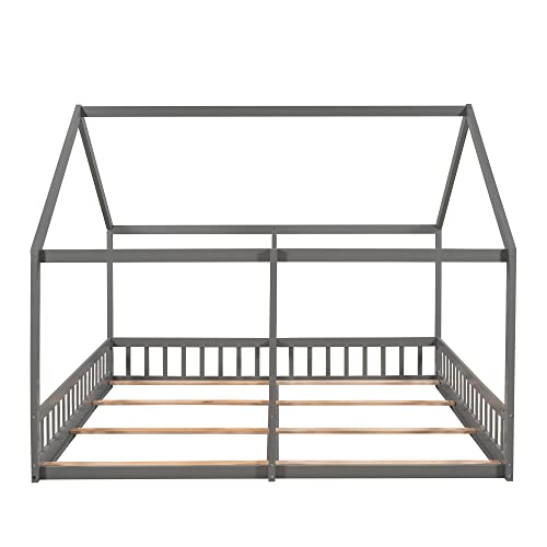Merax Double Twin Kids House Shaped Low Platform Beds, Wood Floor Bed Frame for Boys, Girls, No Box Spring Needed Easy Assemble (Twin,Grey